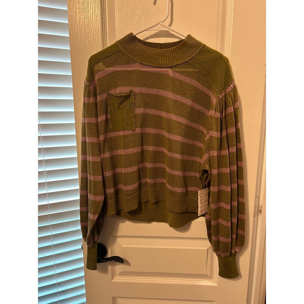 Free People Olive and Pink Striped Long Sleeve Pullover Stretchy Soft Boho